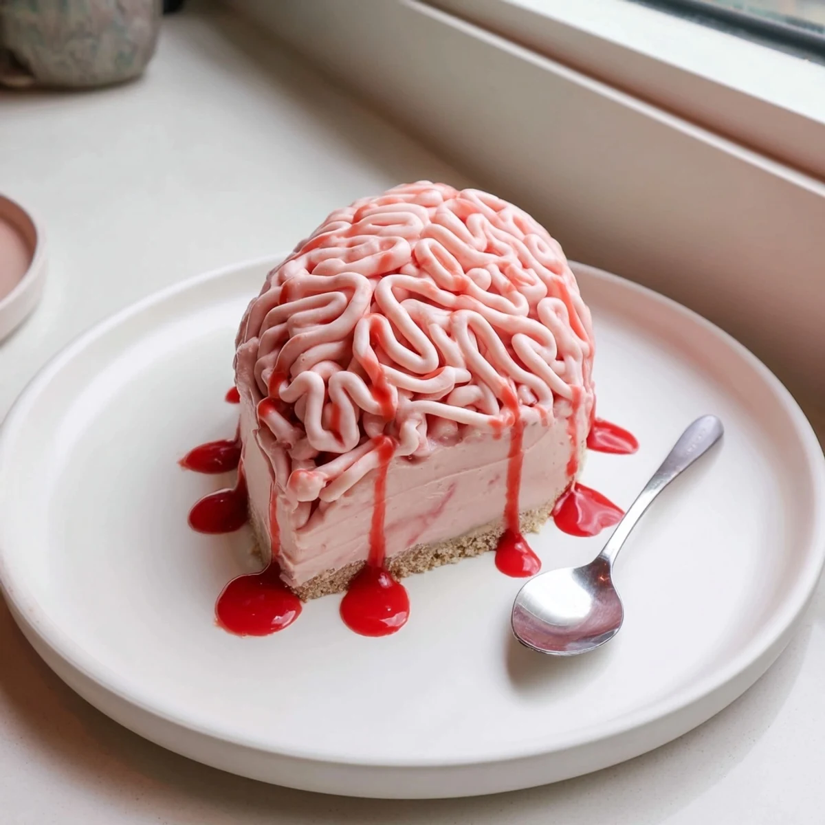 Vibrant no bake strawberry cheesecake brain topped with white chocolate squiggles and strawberry coulis