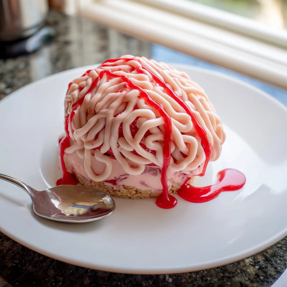 No bake strawberry cheesecake shaped into a spooky Halloween brain on a cookie crust