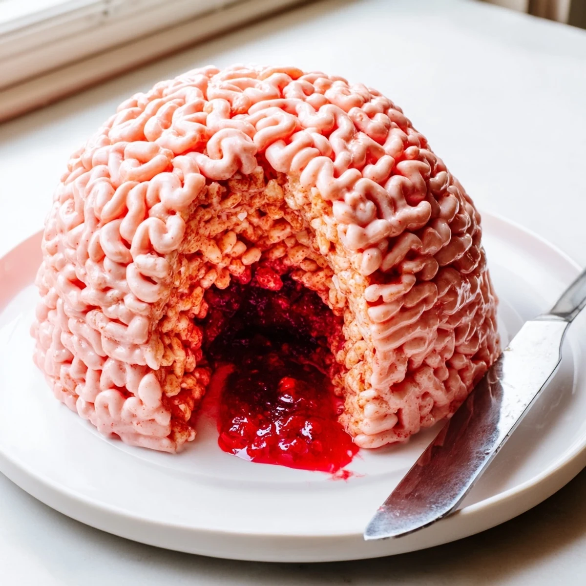 Spooky Stuffed Crispy Rice Cereal Brain sliced open revealing gooey red berry filling on a Halloween party plate