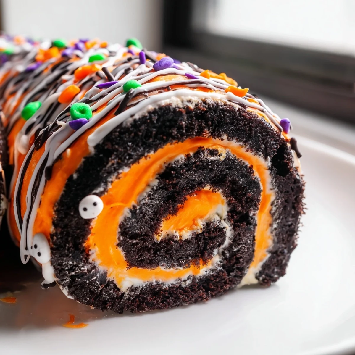 Festive Halloween Oreo Roll sliced and topped with candy eyes and orange sprinkles