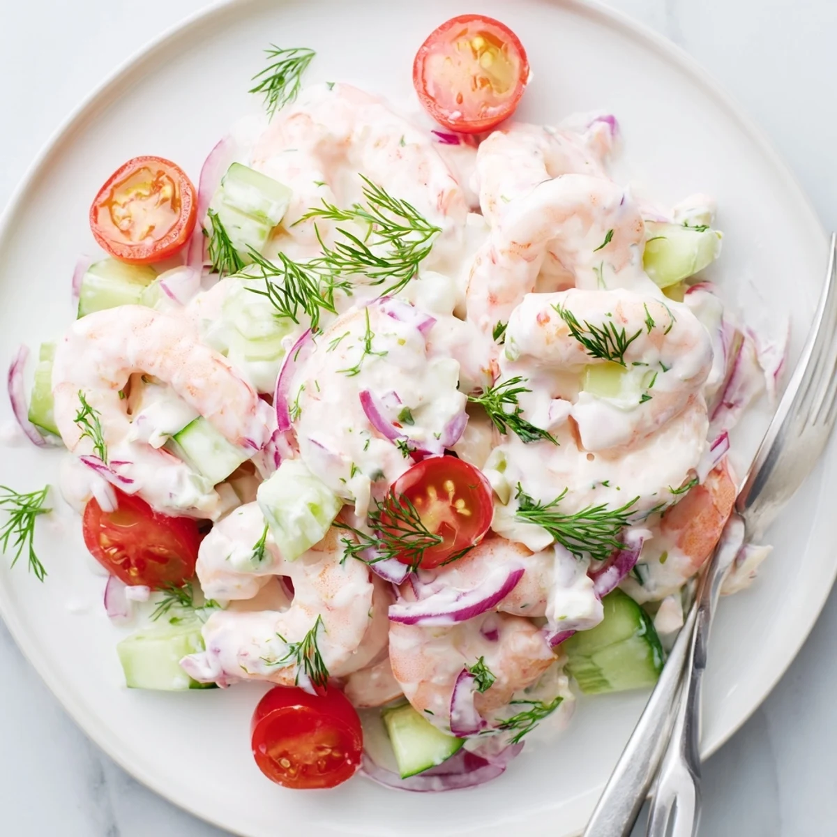 Pink shrimp salad recipe tossed in creamy lemon dressing beside sliced crusty bread