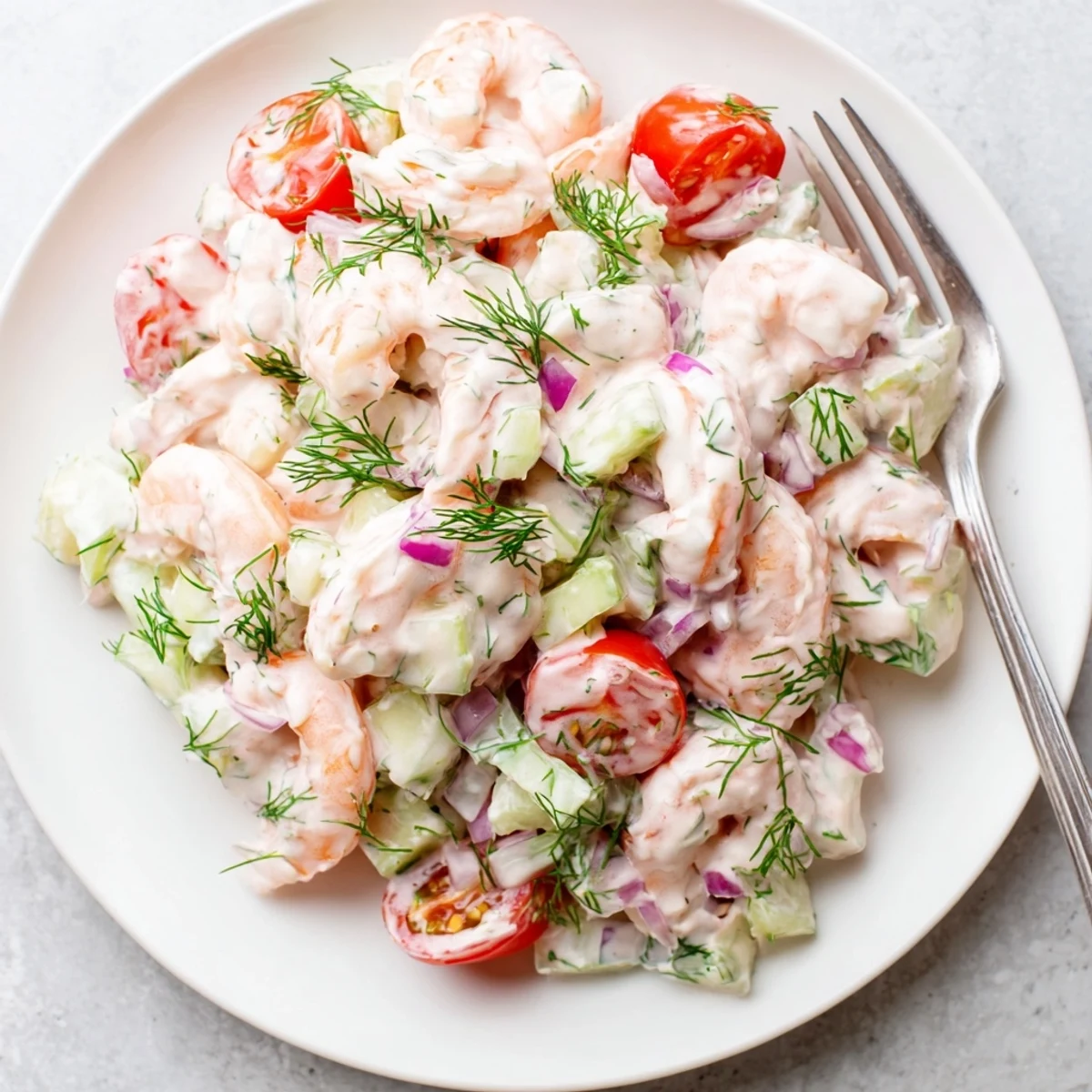 Chilled shrimp salad recipe mounded on leafy greens with cherry tomatoes and fresh dill