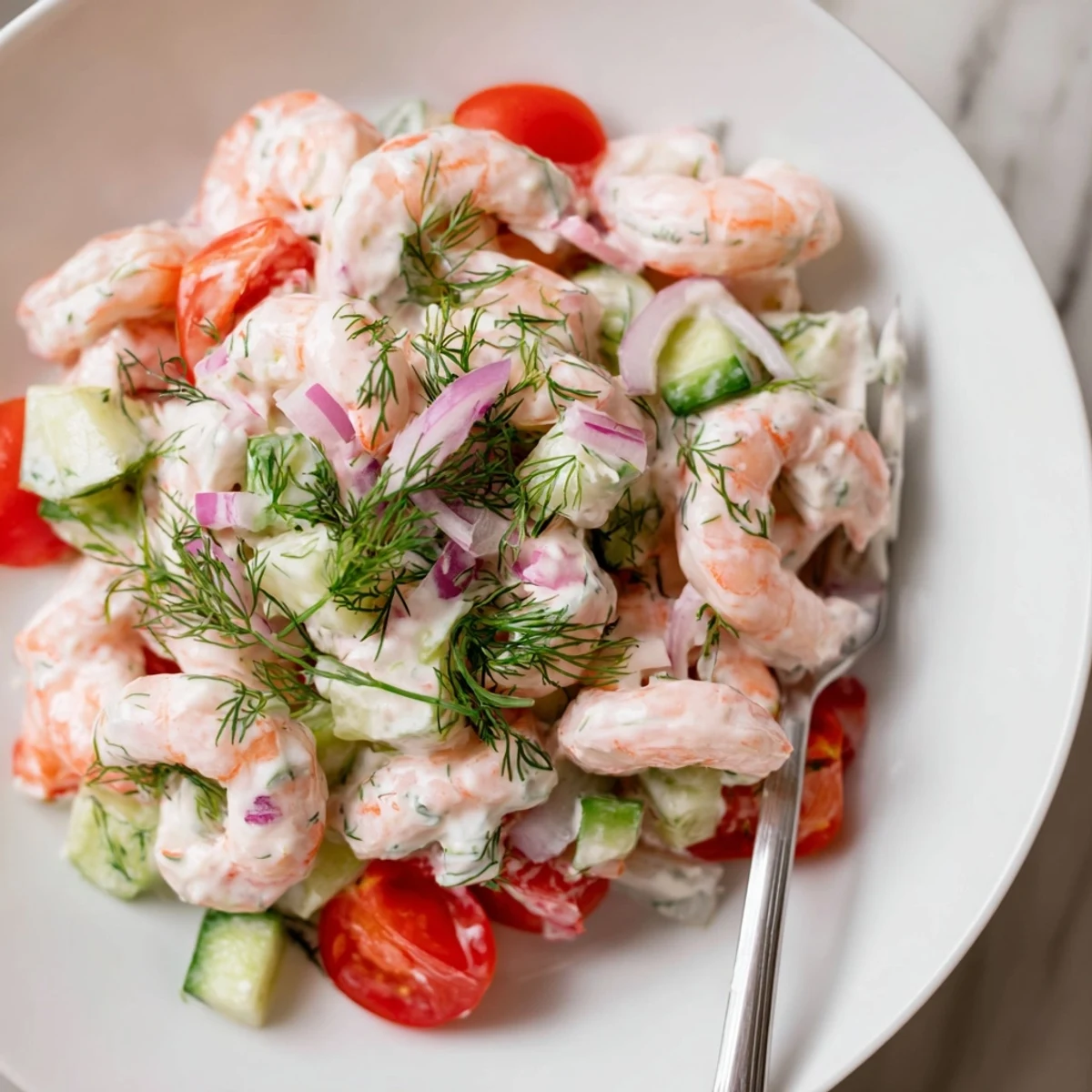 A vibrant shrimp salad recipe bowl with crisp cucumber, red onion, and zesty mayo coating