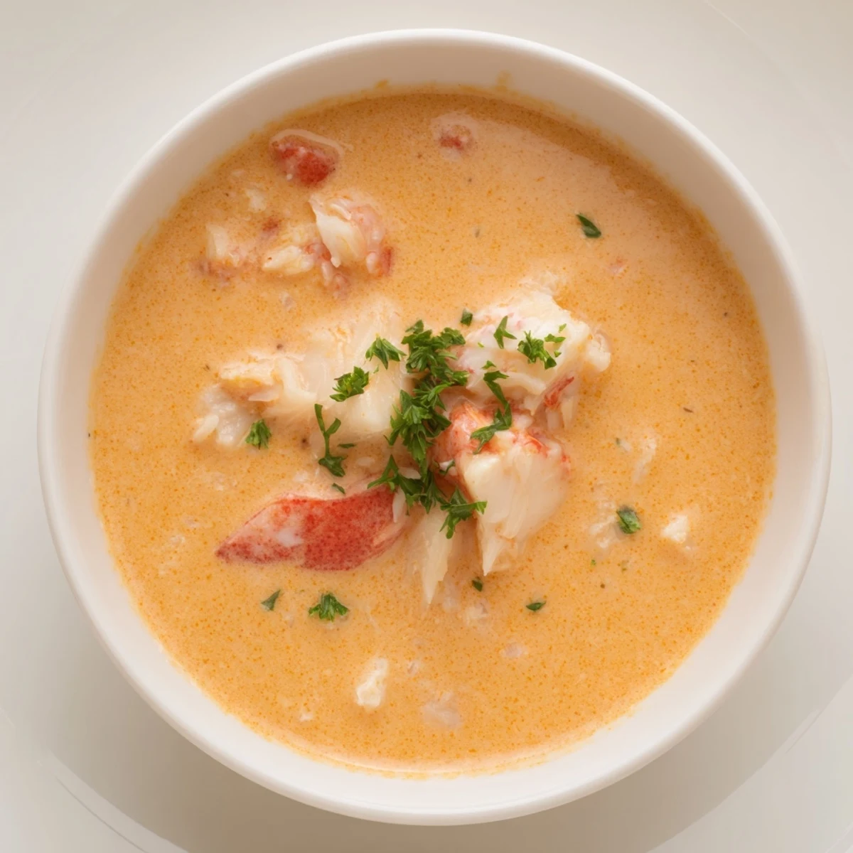 Golden creamy crab and shrimp bisque with pink shrimp in a white bowl