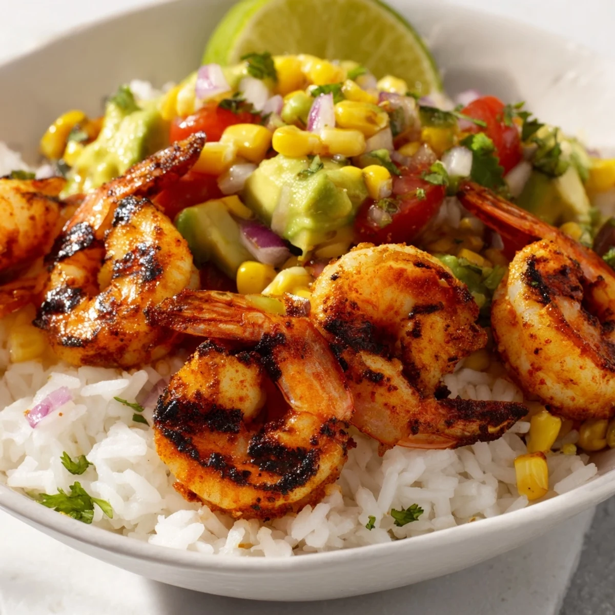 Charred grilled shrimp bowl with avocado corn salsa over fluffy white rice