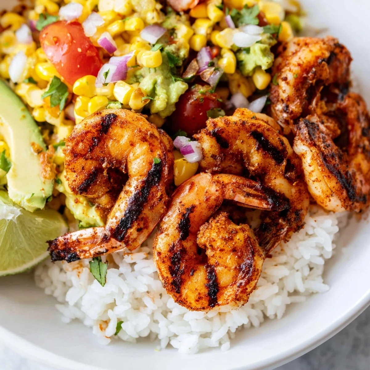Succulent grilled shrimp bowl topped with bright avocado corn salsa and lime