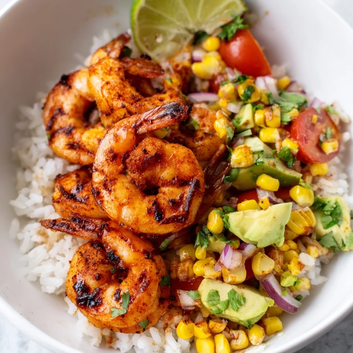 A vibrant grilled shrimp bowl with creamy avocado corn salsa and cilantro