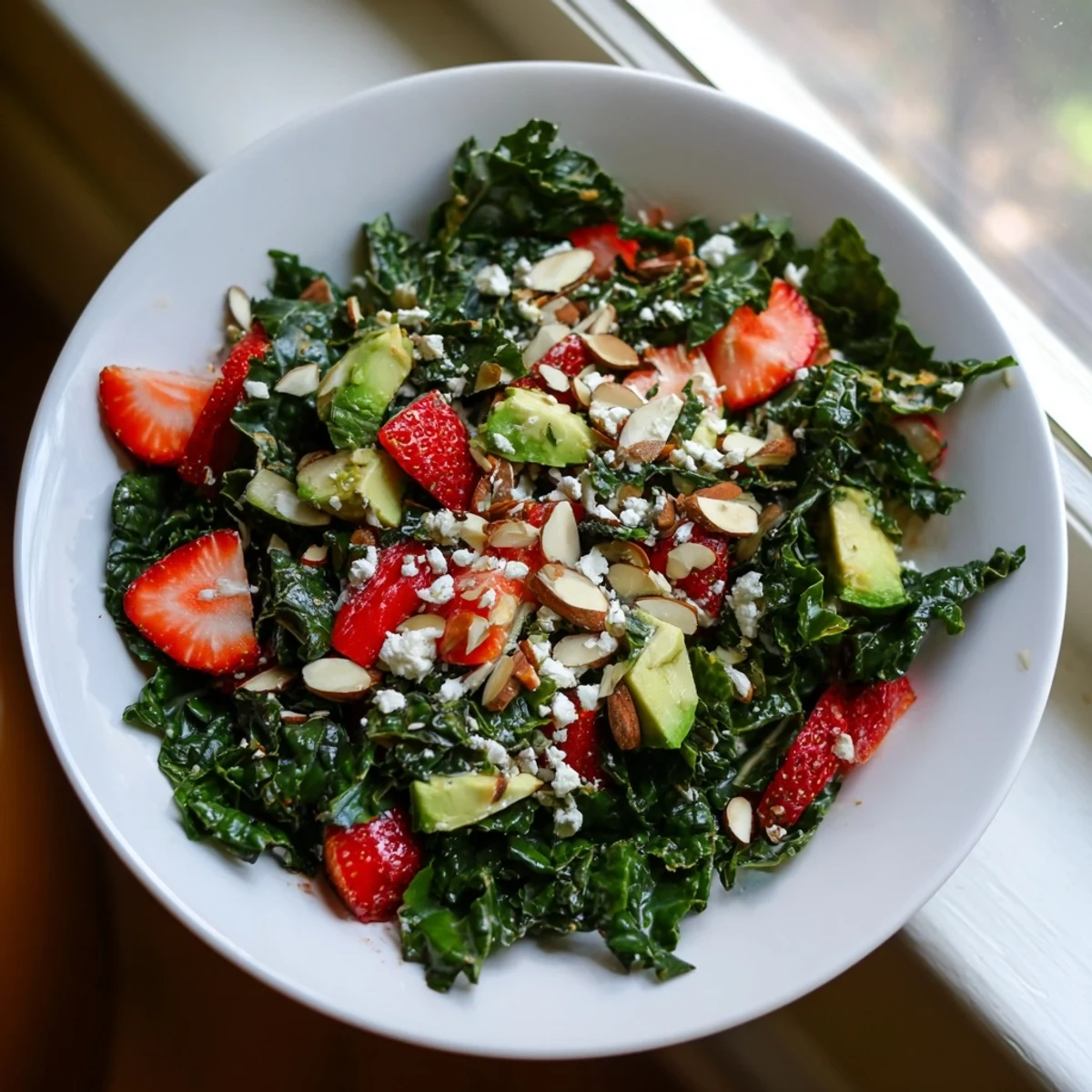 A colorful summer kale salad topped with fresh berries, feta, and toasted almonds