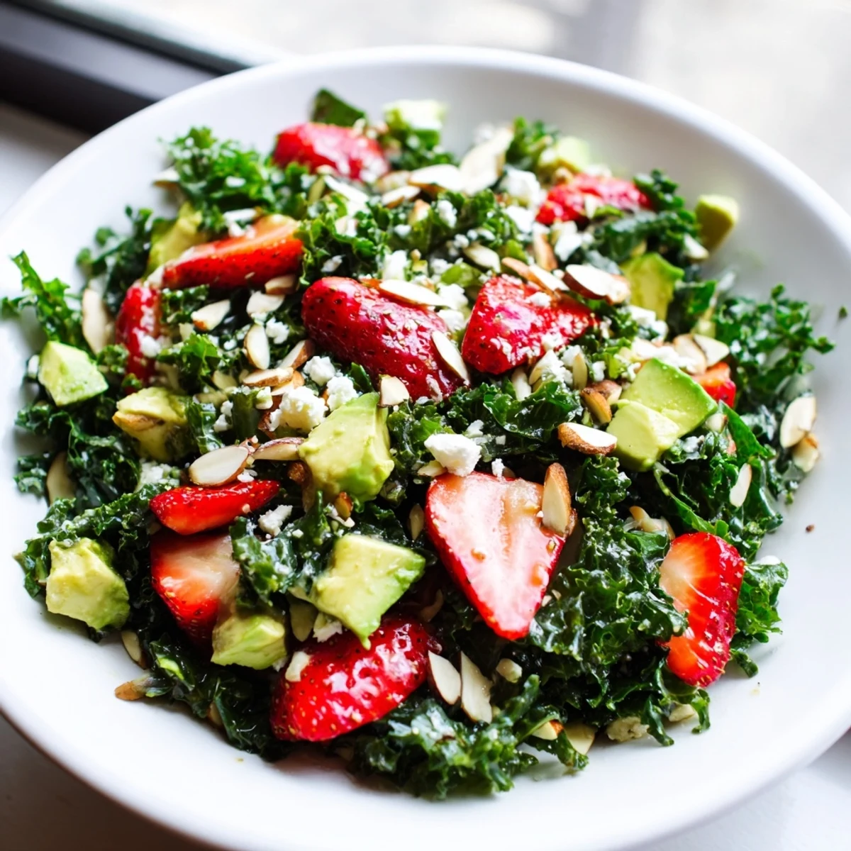 Hearty summer kale salad in a bowl with blueberries, cucumber, and crunchy almonds