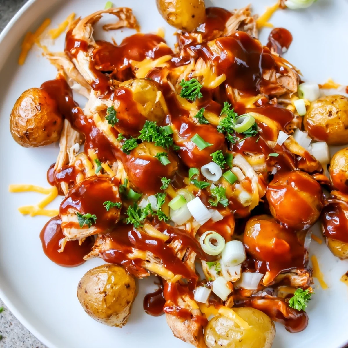 Golden roasted baby potatoes loaded with honey BBQ chicken and melted cheddar