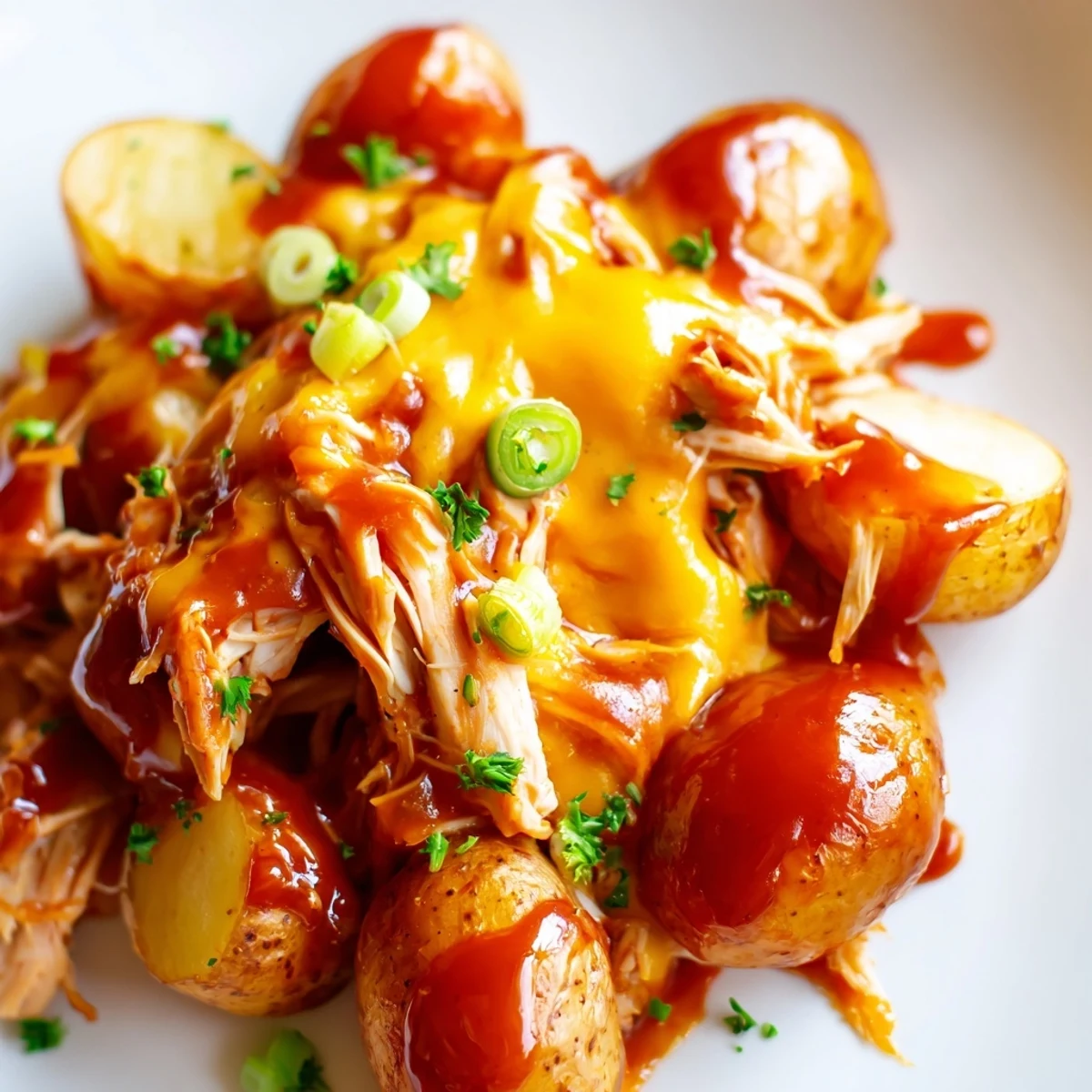 Sliced honey BBQ chicken over crispy potatoes with bubbling cheese and parsley