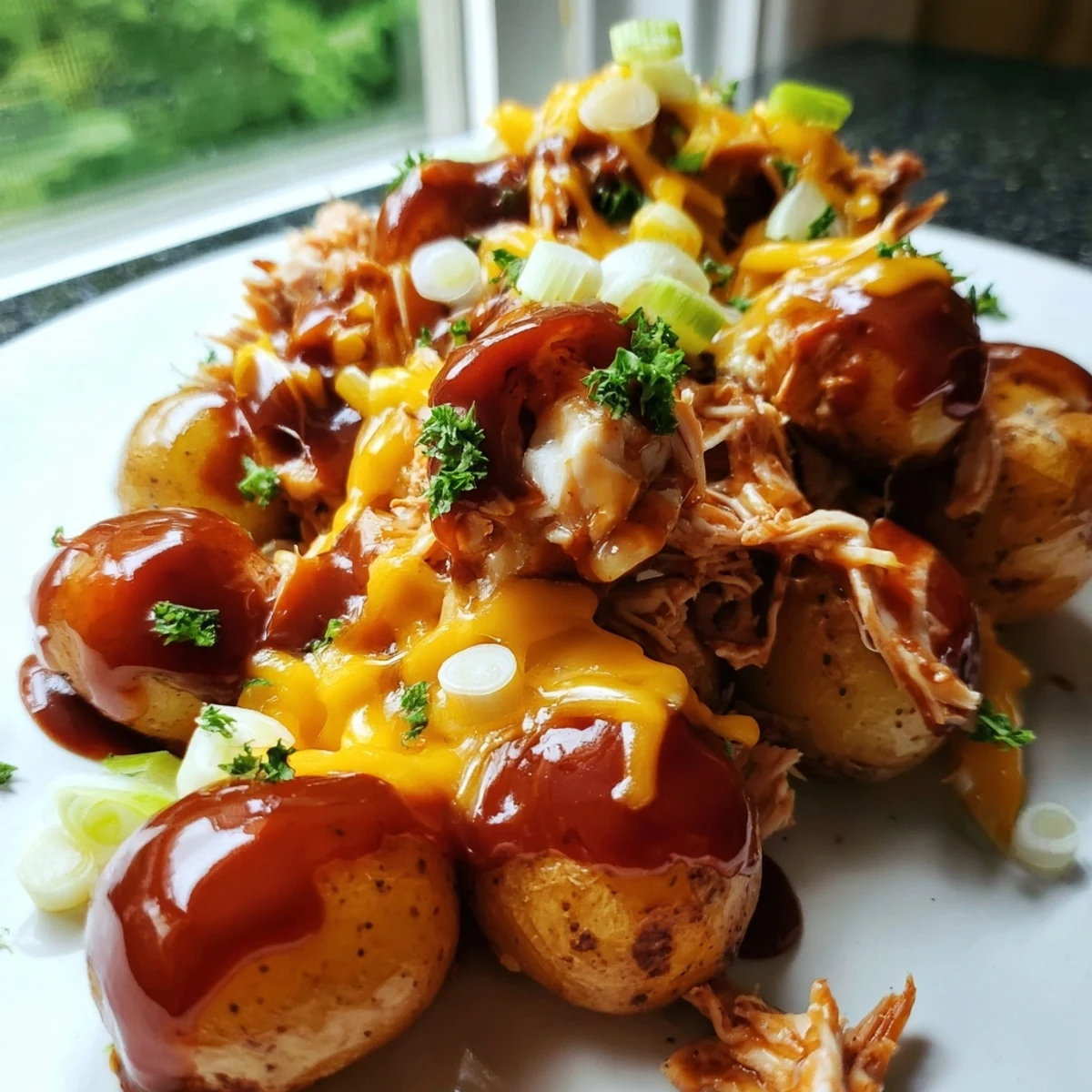 A hearty platter of honey BBQ chicken and potatoes garnished with green onions