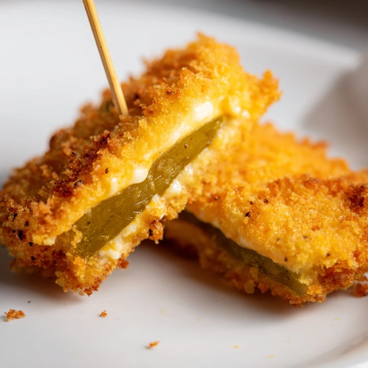Crispy pickle cheese bites stacked on a plate with toothpicks
