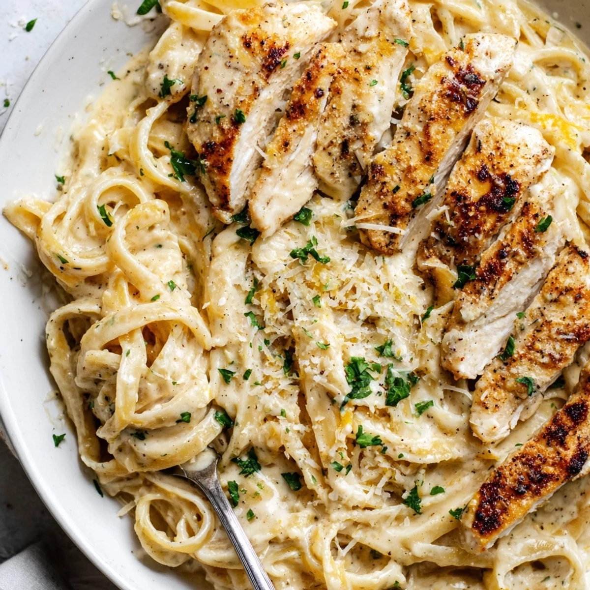 Plate of Creamy Garlic Chicken Pasta tossed with parsley, Parmesan, steam rising