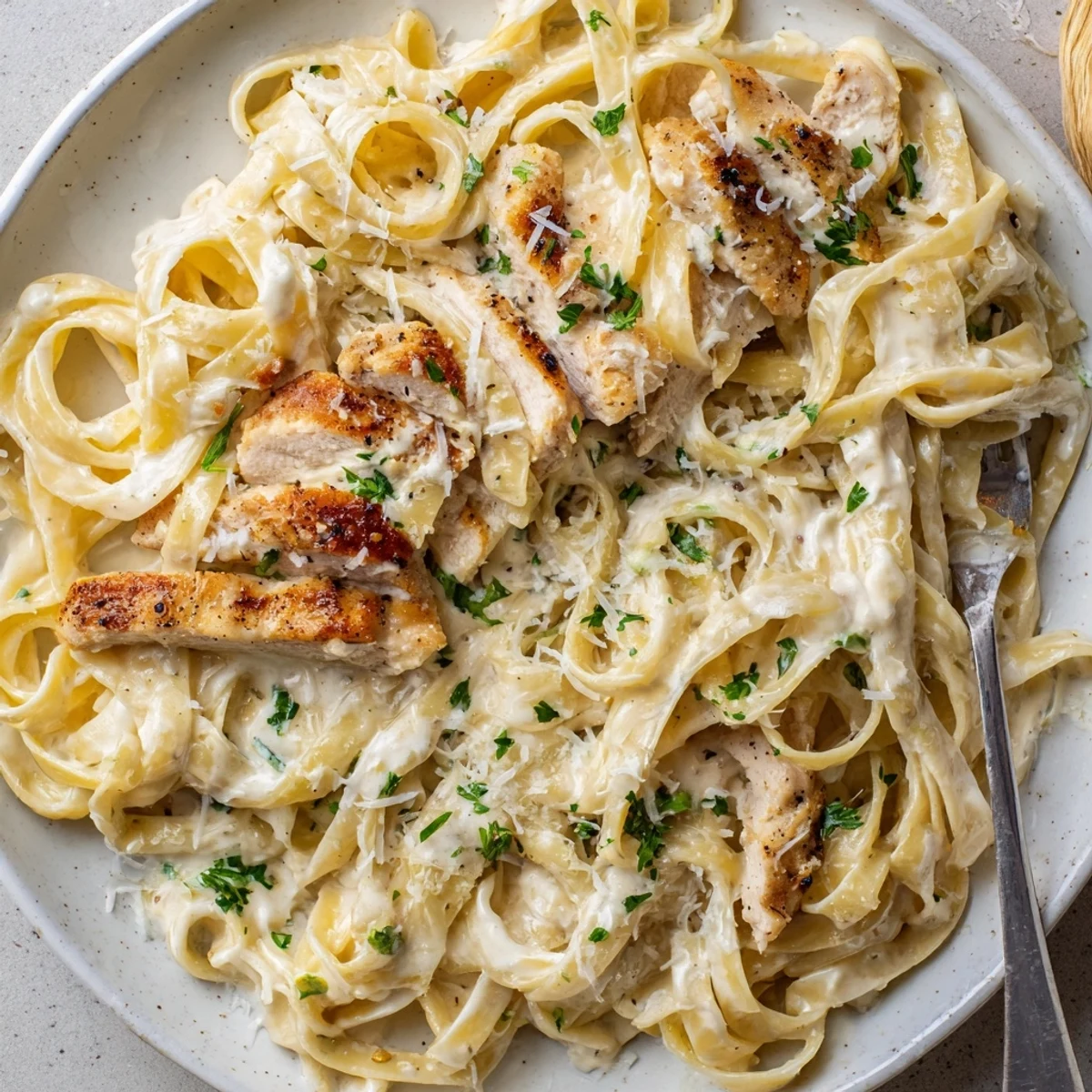 Creamy Garlic Chicken Pasta served al dente fettuccine, tender slices, rich aroma