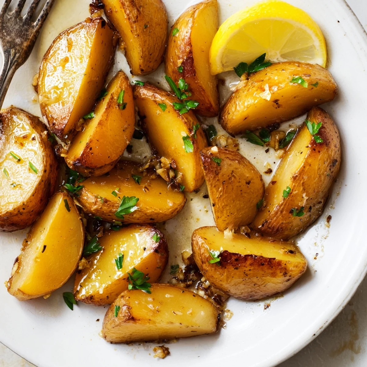 Authentic Greek Lemon Potatoes Recipe with golden wedges, crispy edges, bright lemon aroma.