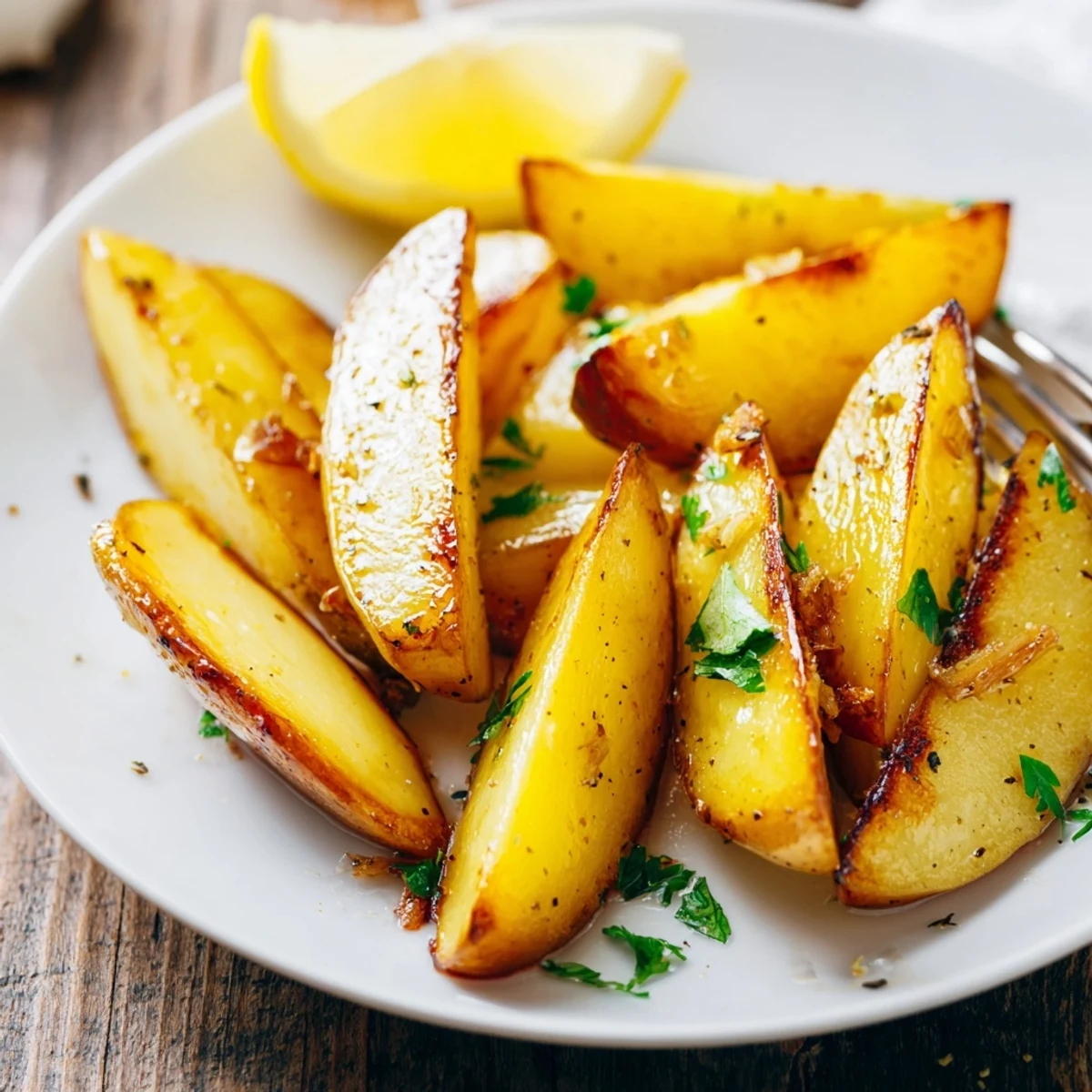 Oven roasted Authentic Greek Lemon Potatoes Recipe served hot with parsley and lemon wedges.