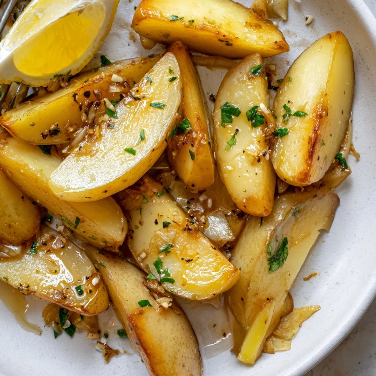 Herb scented Authentic Greek Lemon Potatoes Recipe with tender centers and crisp golden edges.
