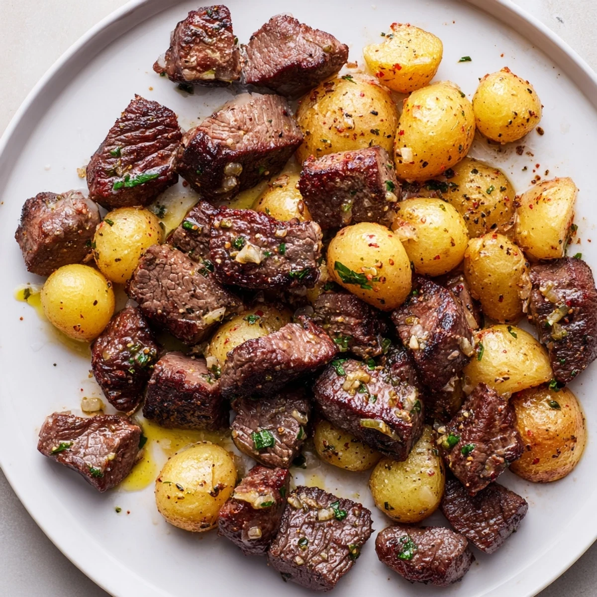 Garlic Steak Bites and Potatoes sizzling in garlic butter, golden and tender.