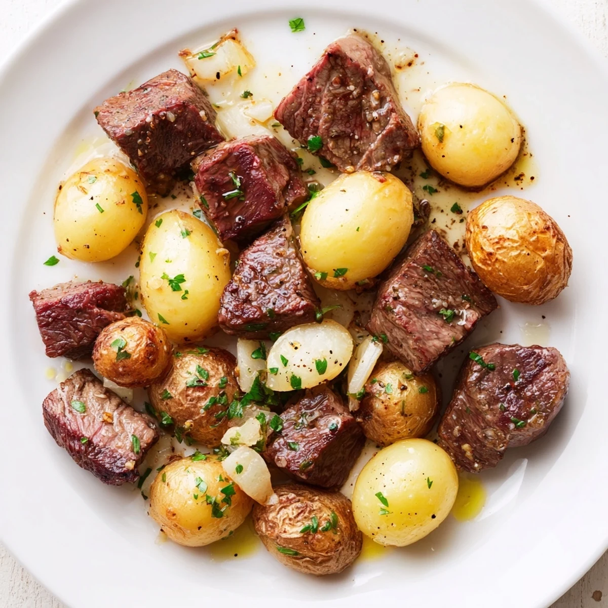 Crispy Garlic Steak Bites and Potatoes plated for weeknight dinner with green beans.