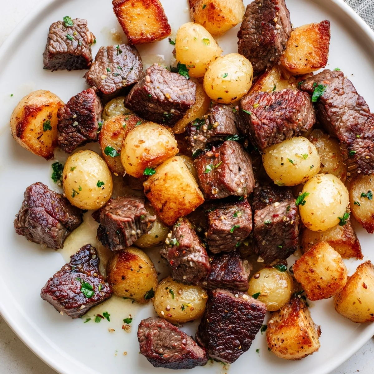 Skillet of Garlic Steak Bites and Potatoes tossed with parsley, ready to serve.