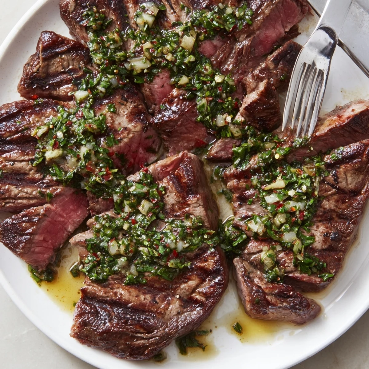 Chimichurri Steak Recipe showing sliced juicy ribeye topped with vibrant herb sauce