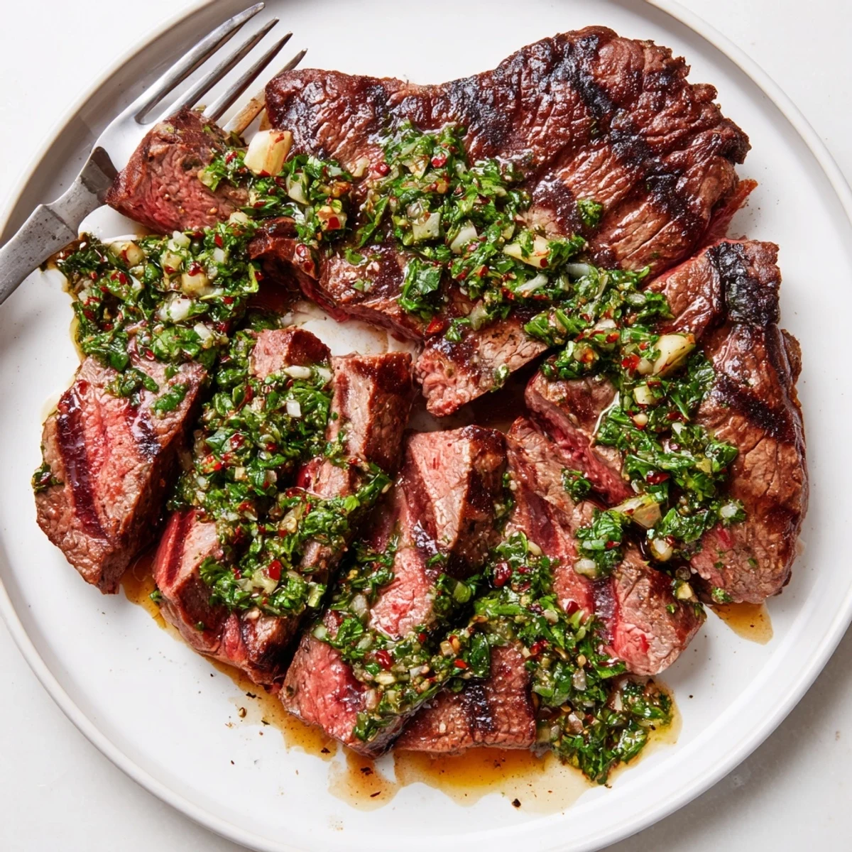 Grilled Chimichurri Steak Recipe plated with char marks, bright green sauce