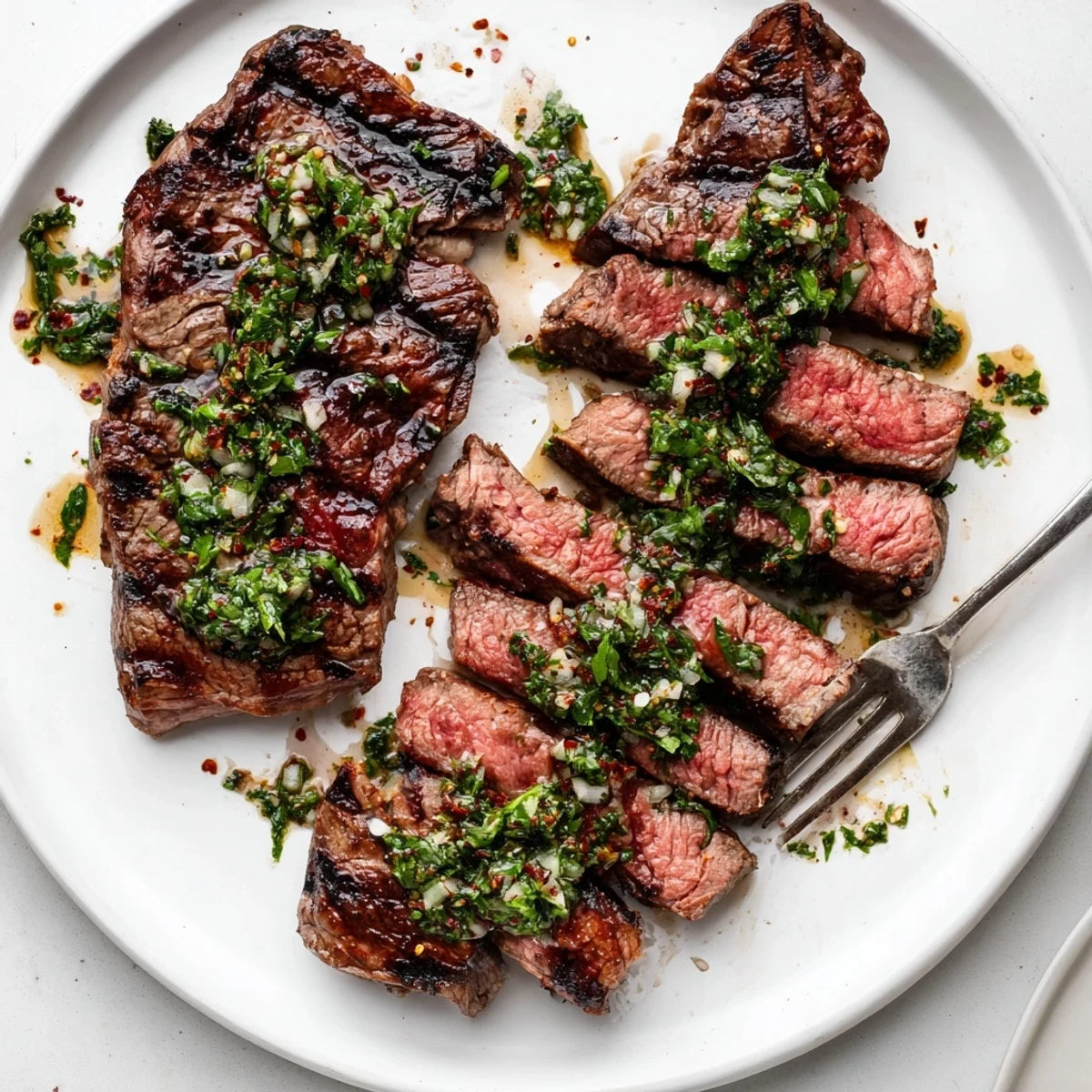 Family-style Chimichurri Steak Recipe resting on cutting board, garlic aroma palpable