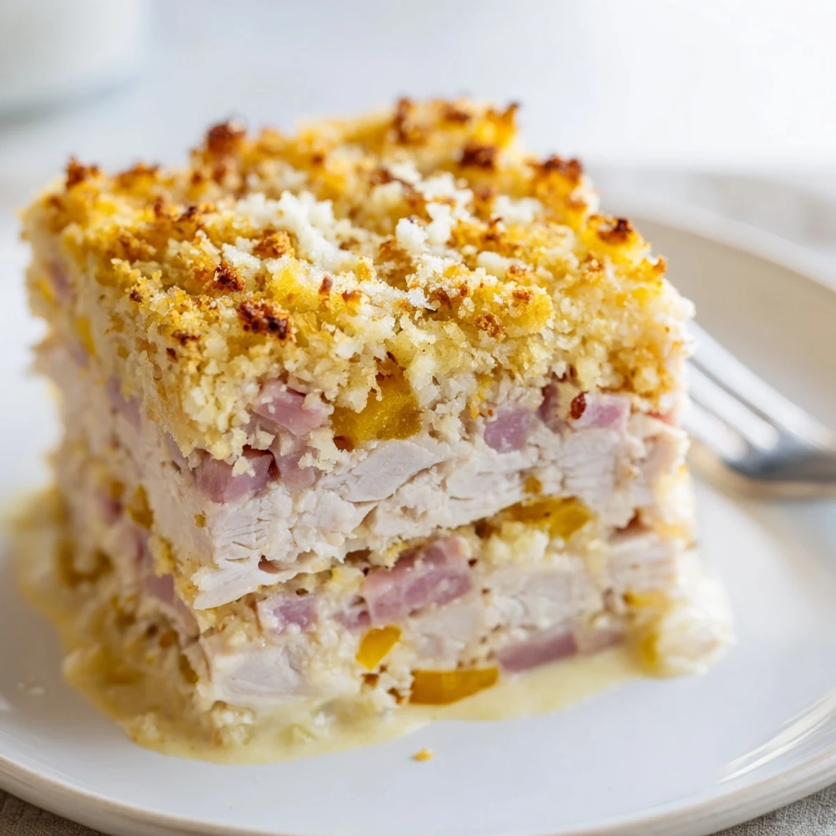 Chicken Cordon Bleu Casserole bubbling with creamy Dijon sauce and golden breadcrumb topping