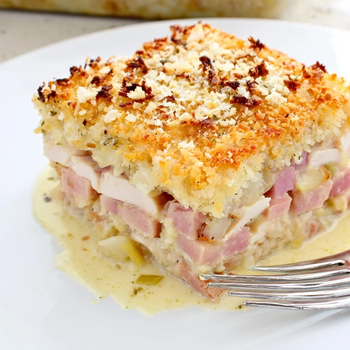 Sliced Chicken Cordon Bleu Casserole served hot, melted Swiss cheese and ham