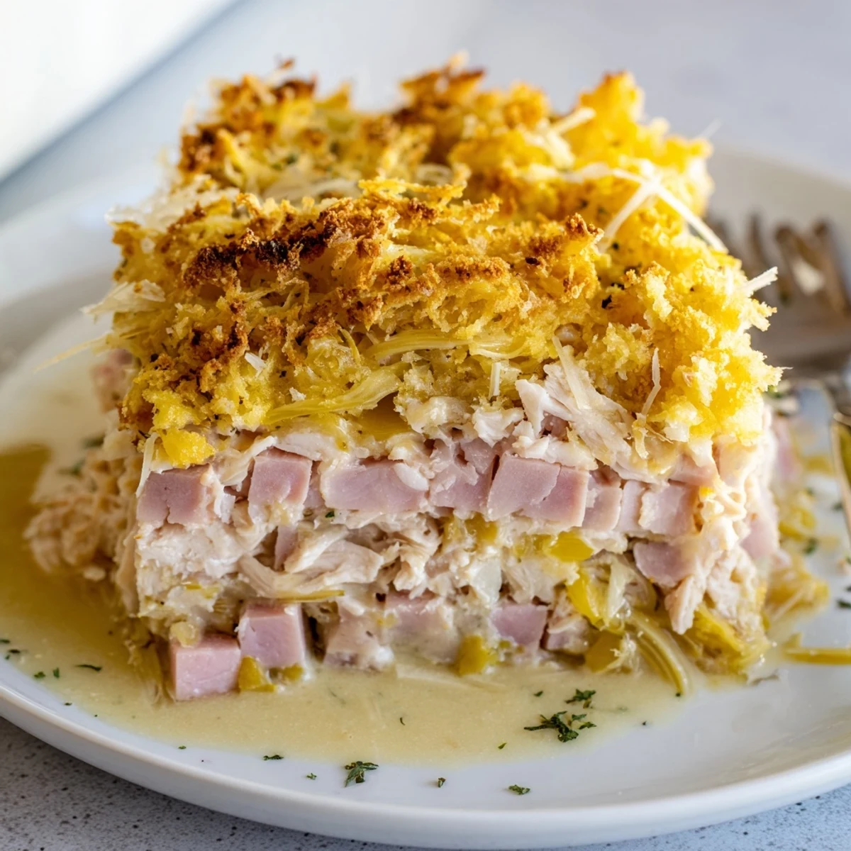 Oven browned Chicken Cordon Bleu Casserole resting five minutes, ready with crisp salad