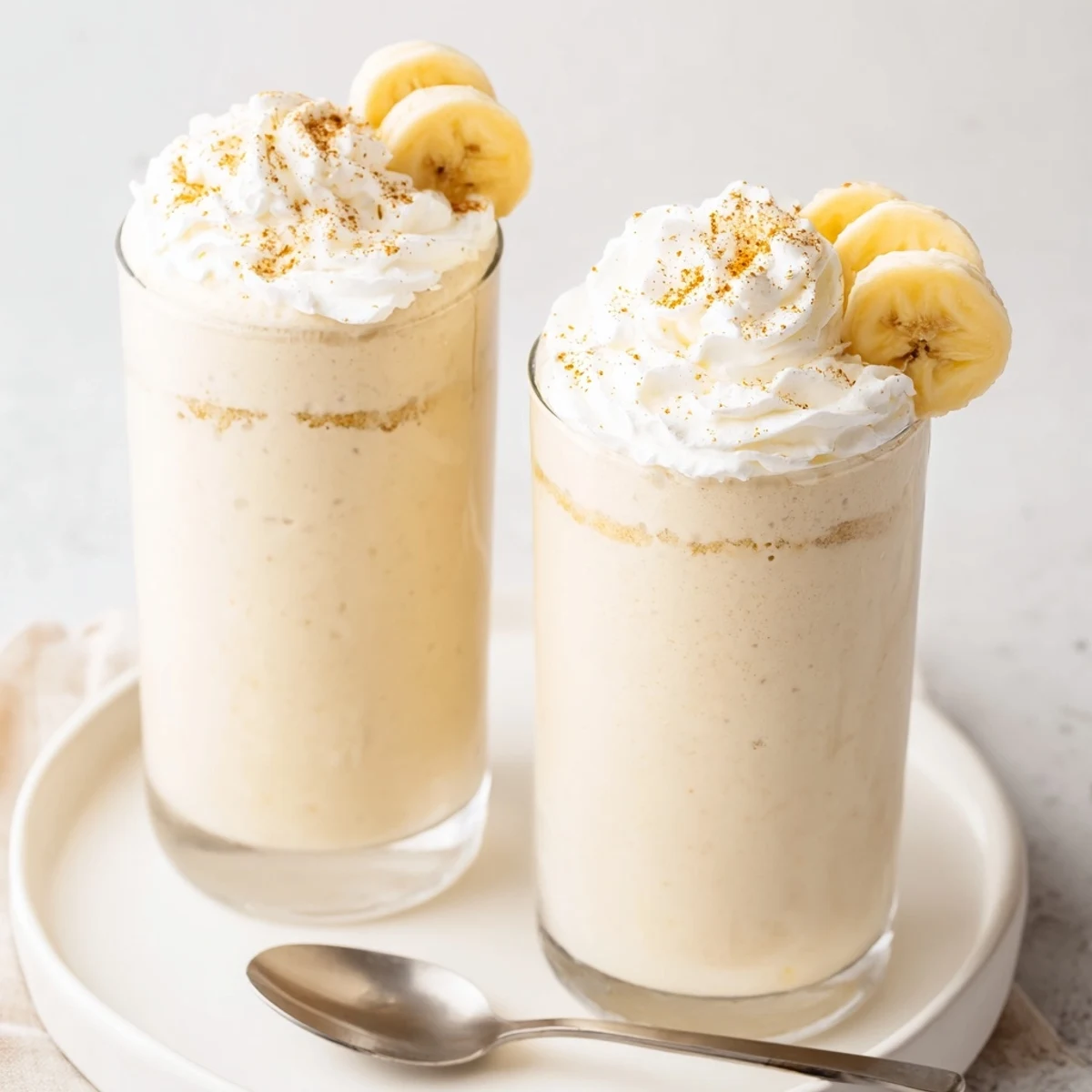Creamy Vanilla Banana Shake in chilled glasses, frothy top with cinnamon sprinkle