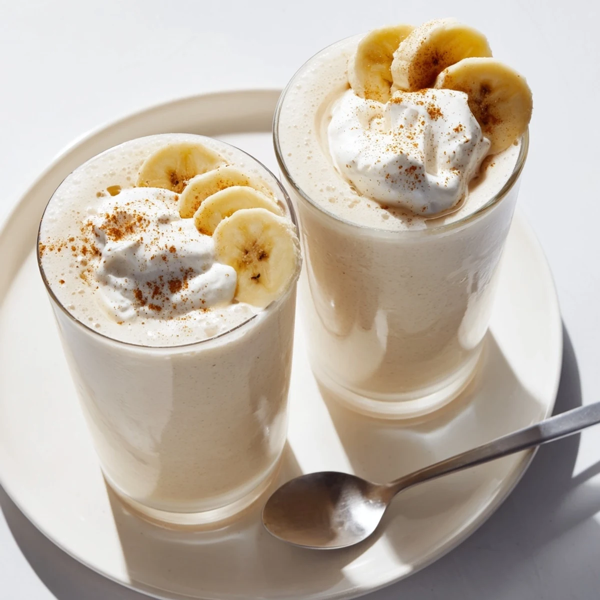 Thick Vanilla Banana Shake blended with maple syrup, served with banana slices