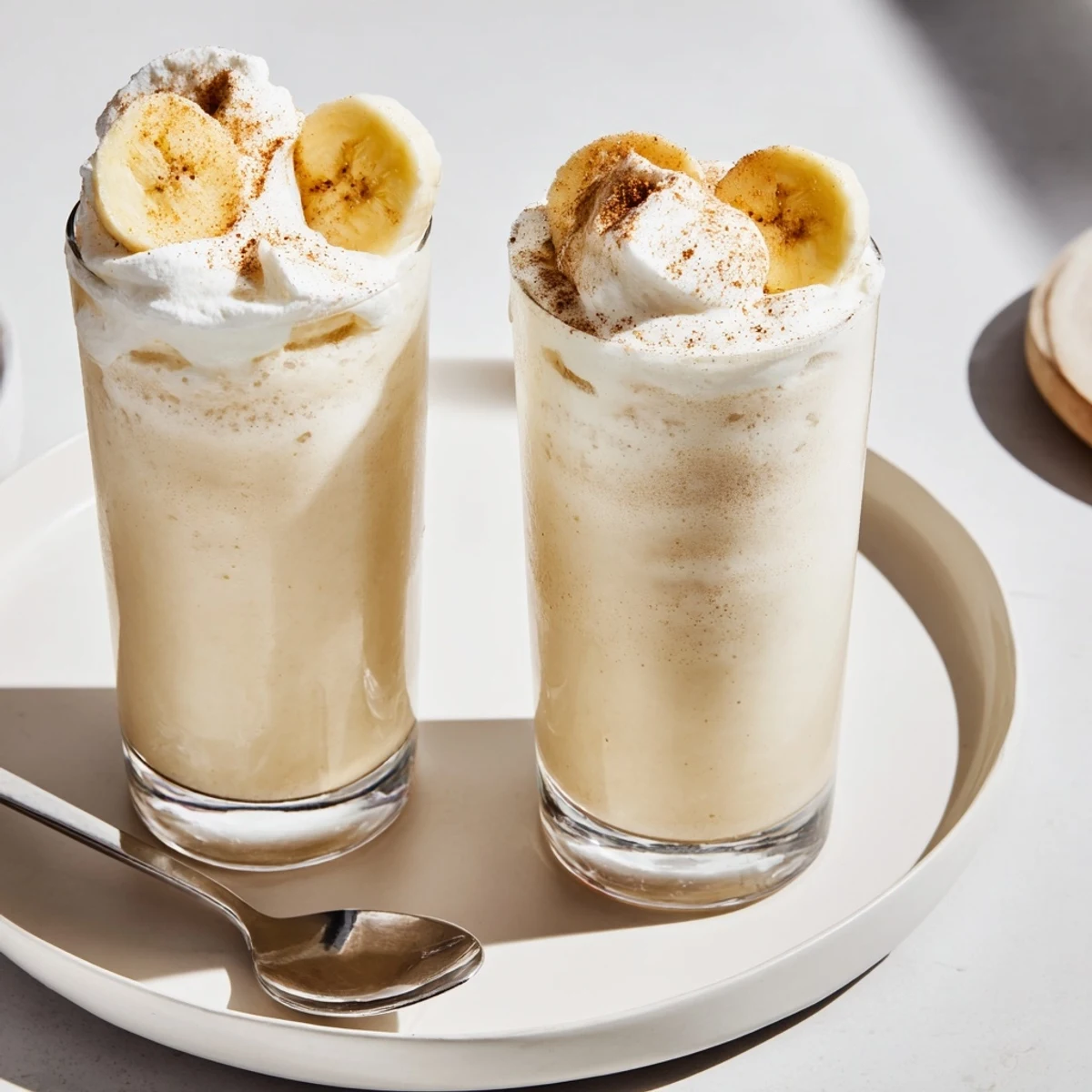 Tall glass with chilled straw of Vanilla Banana Shake, whipped cream melting