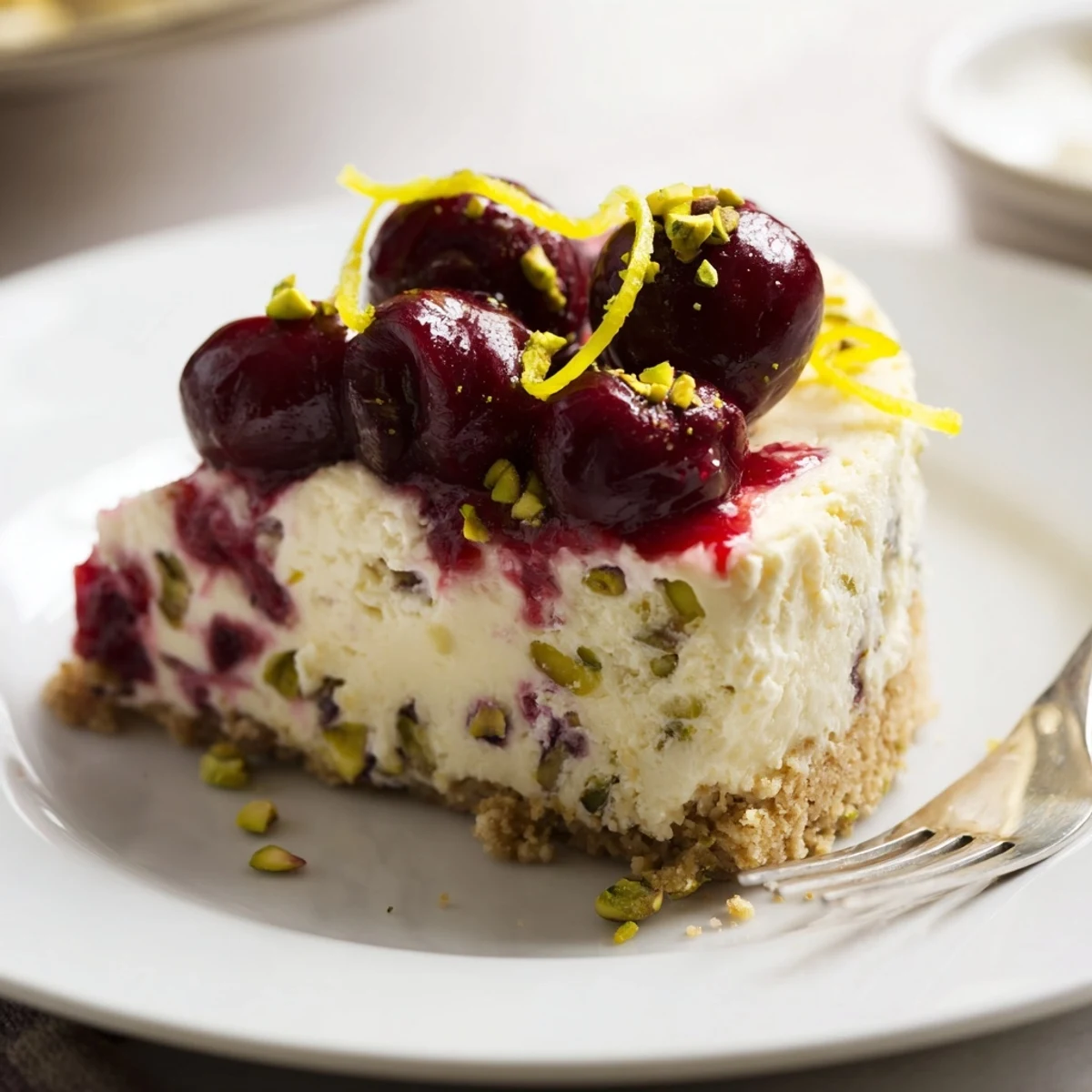 Lemon Lime Cherry Pistachio Cheesecake topped with glossy cherries and chopped pistachios