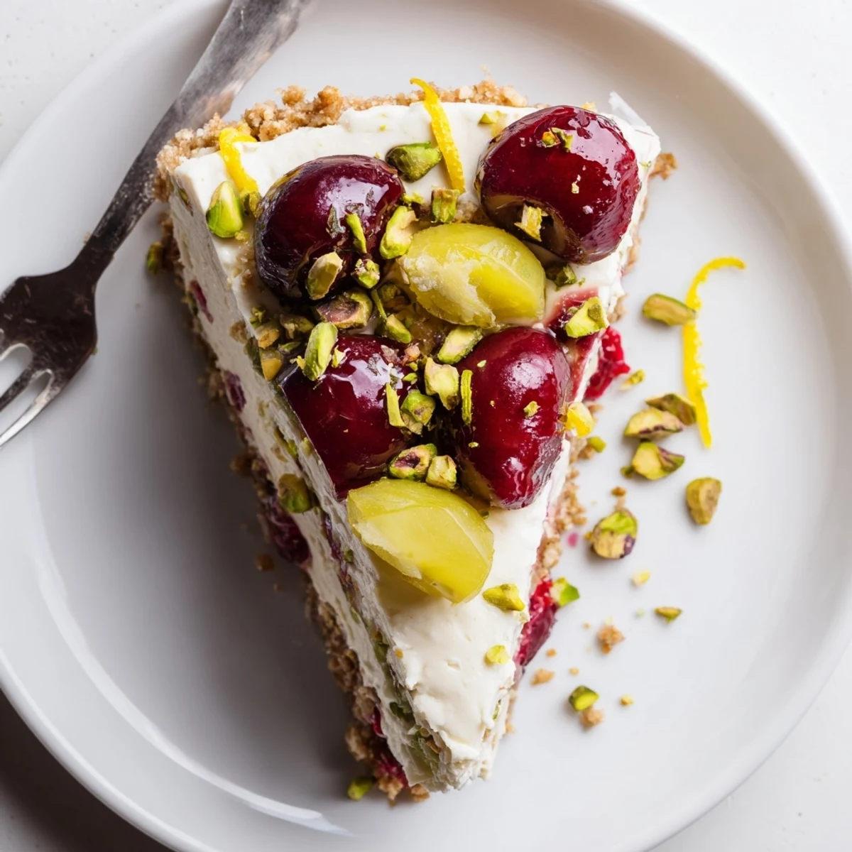 Overhead view of Lemon Lime Cherry Pistachio Cheesecake with vibrant citrus zest garnish