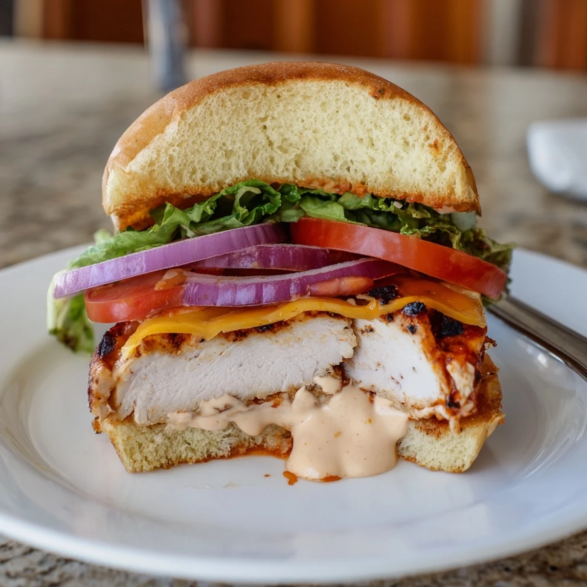Spicy Chicken Sandwich With Creamy Sauce on toasted bun, juicy chicken visible.