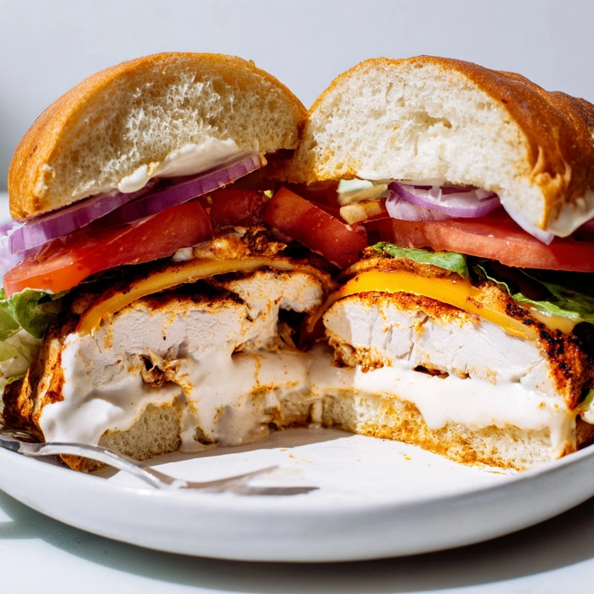 Crisp romaine crowns a Spicy Chicken Sandwich With Creamy Sauce for lunch.