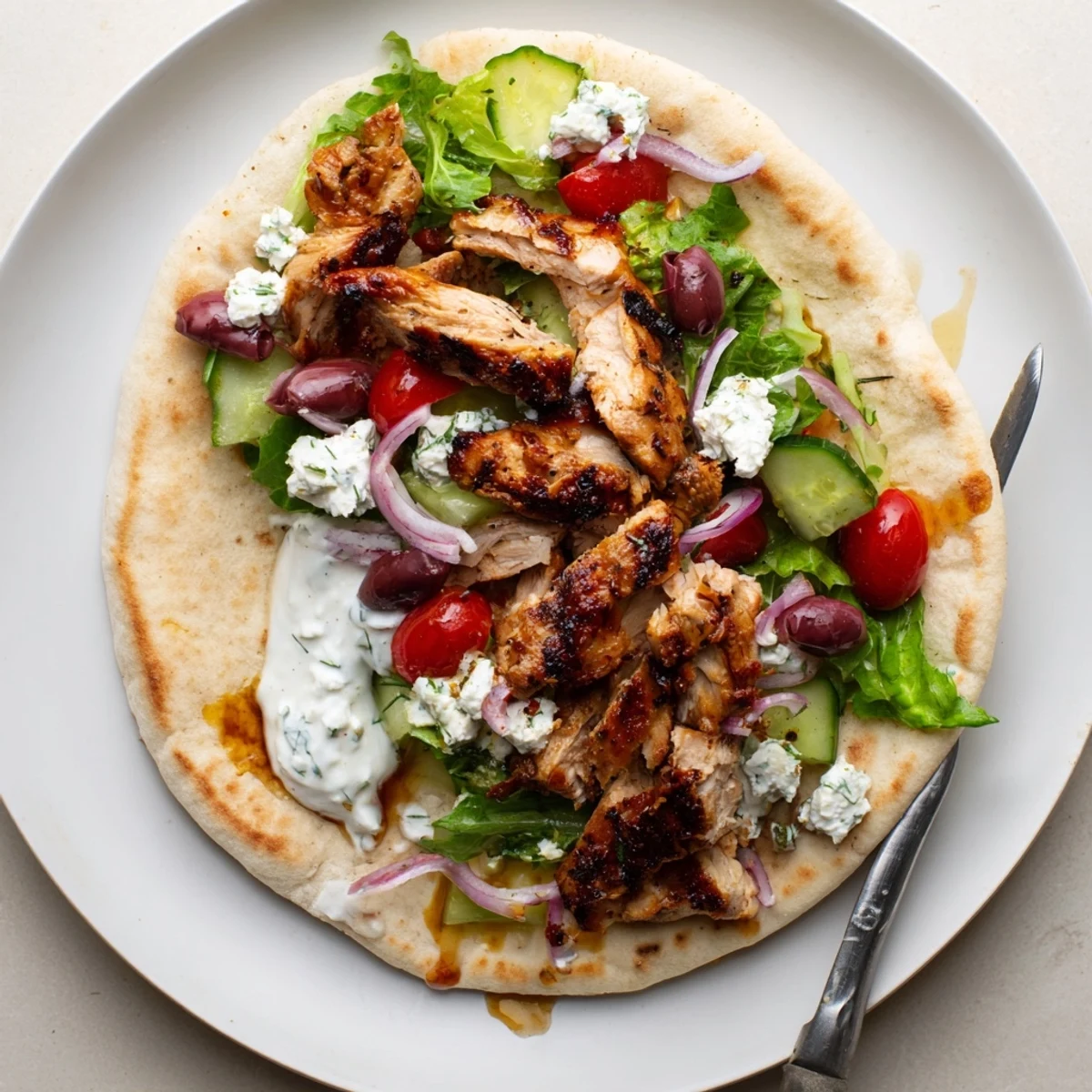 Mediterranean Chicken Pita Wraps with charred chicken, tangy yogurt, crisp cucumber slices