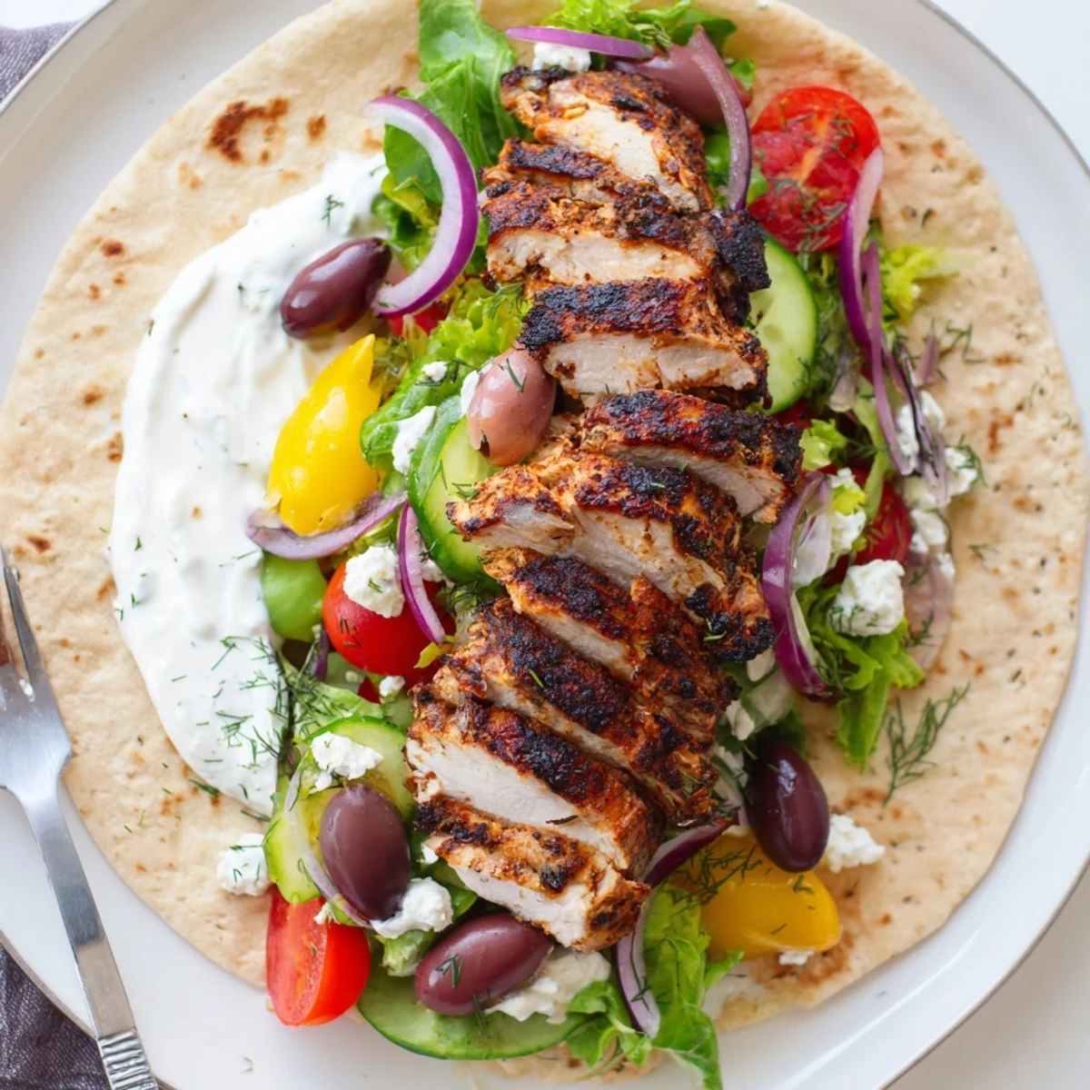 Warm Mediterranean Chicken Pita Wraps layered with feta, olives, and fresh greens