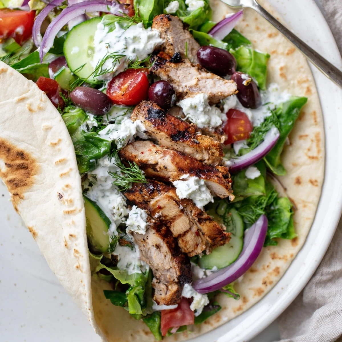 Grilled Mediterranean Chicken Pita Wraps drizzled with zesty yogurt sauce, ready to serve