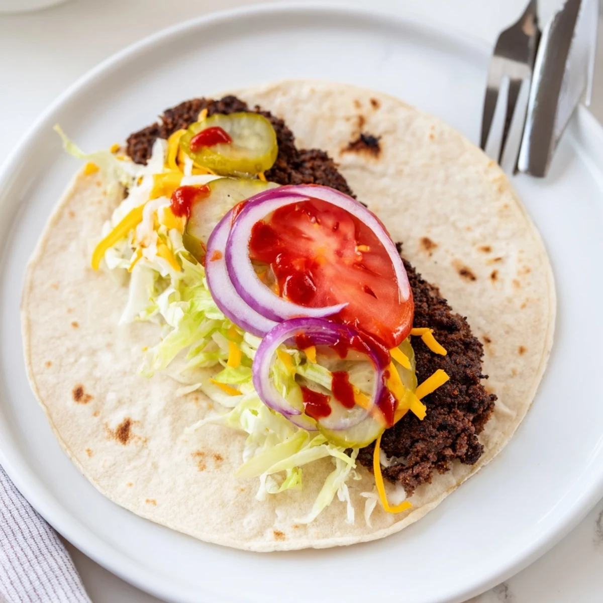 Hot Smash Burger Tacos Recipe served folded with crunchy lettuce, tangy pickles.