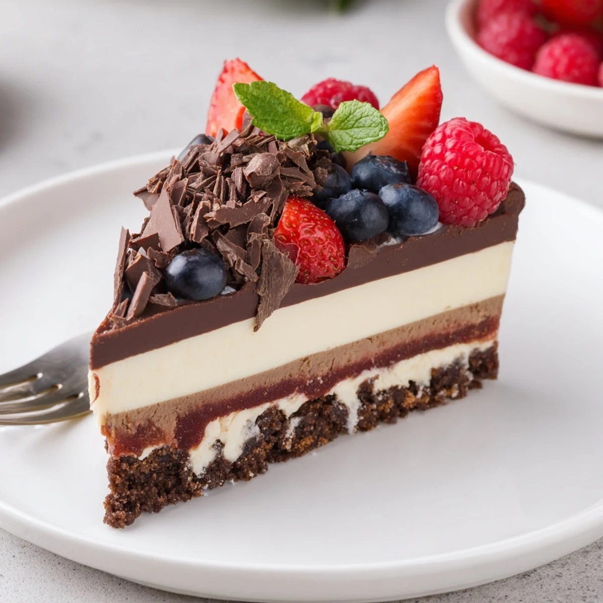 The Ultimate Dessert Recipe: chilled multi-layered chocolate, vanilla, and berry delight