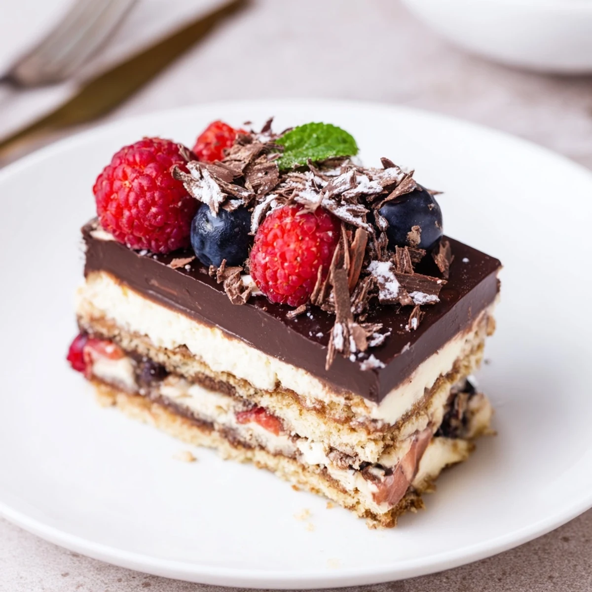 A slice of The Ultimate Dessert Recipe with glossy ganache and fresh berries