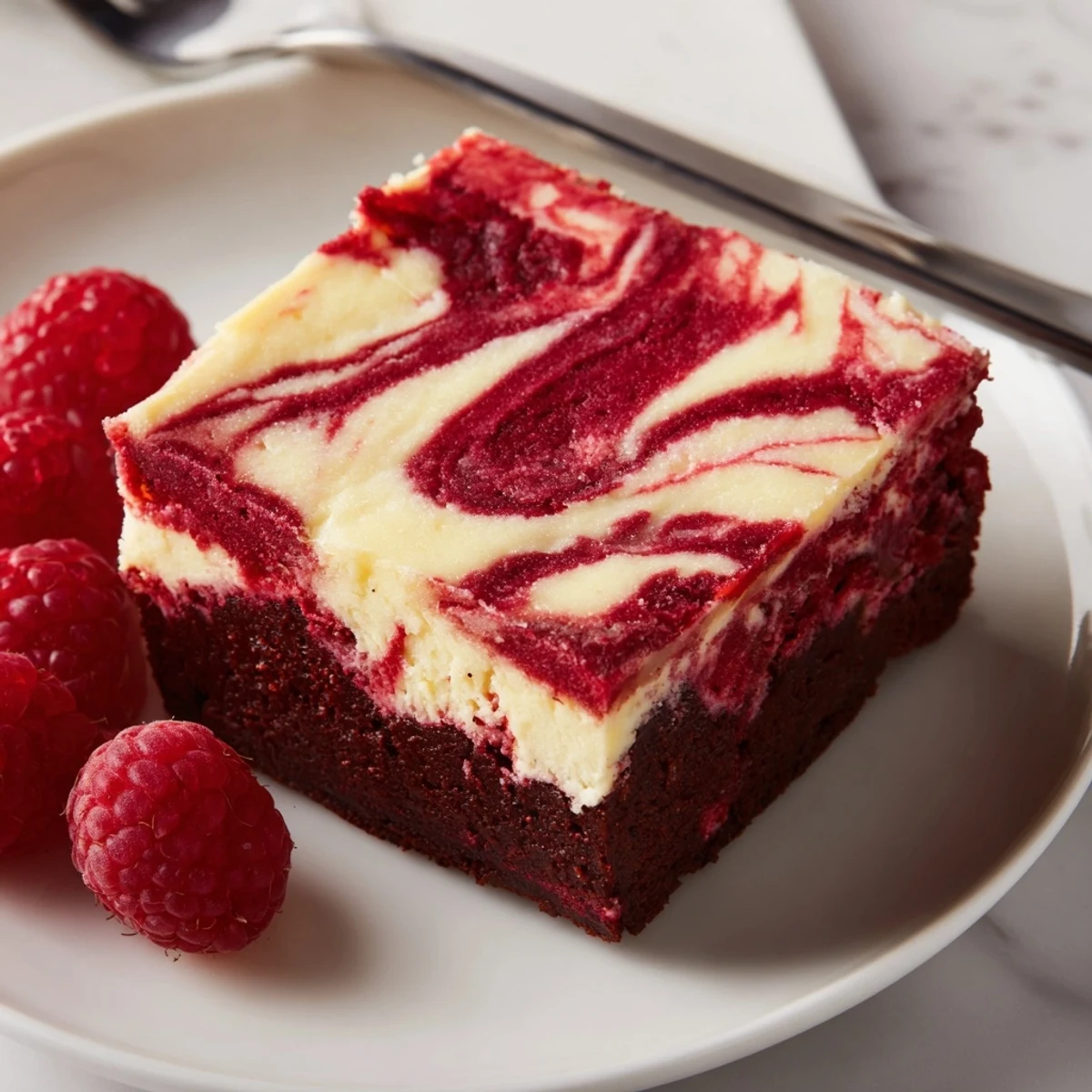 Fudgy Red Velvet Brownies With Cheesecake Layer, marbled and chilled, topped with berries