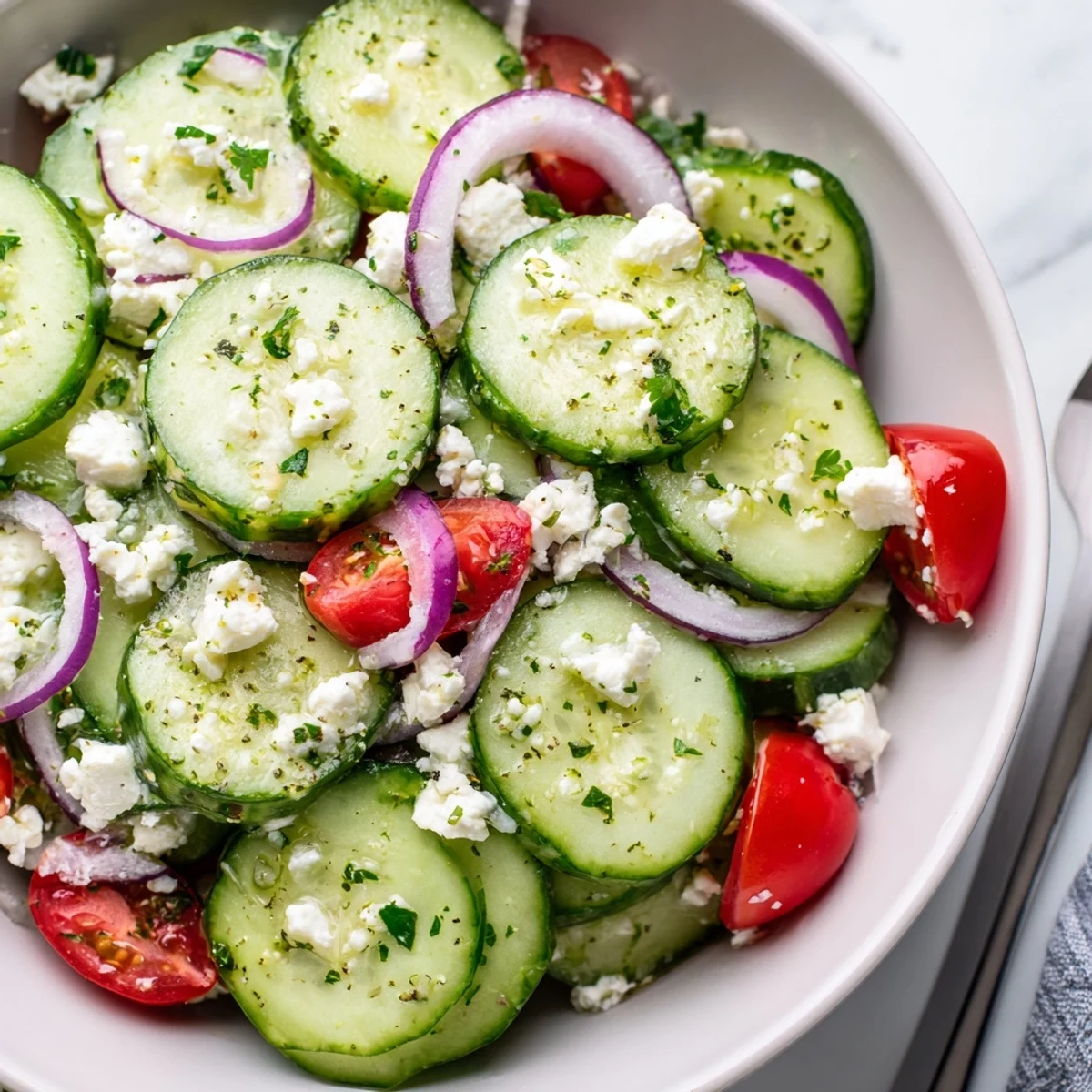 Cucumber Feta Salad With Lemon Greek Vinaigrette, crisp cucumbers and creamy feta glistening.