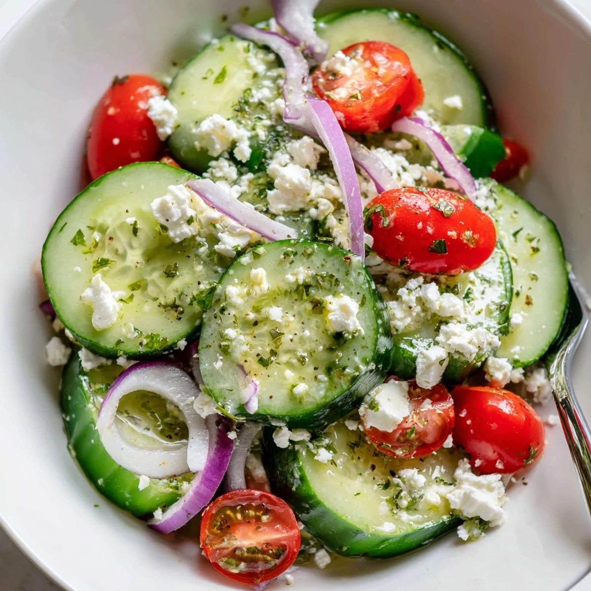 Bright lemon tang and chopped parsley on Cucumber Feta Salad With Lemon Greek Vinaigrette.