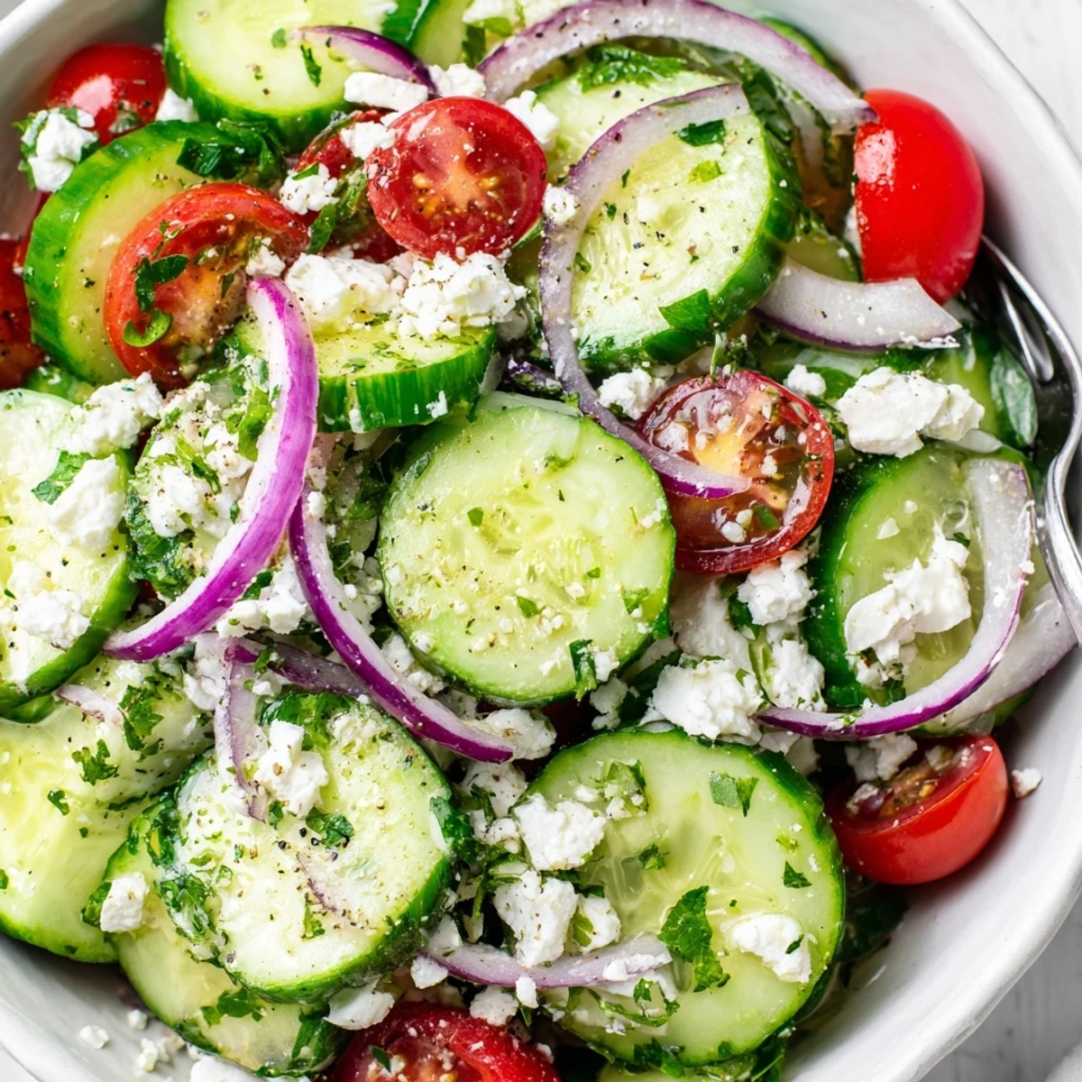 Tossed in a bowl, Cucumber Feta Salad With Lemon Greek Vinaigrette ready to enjoy.