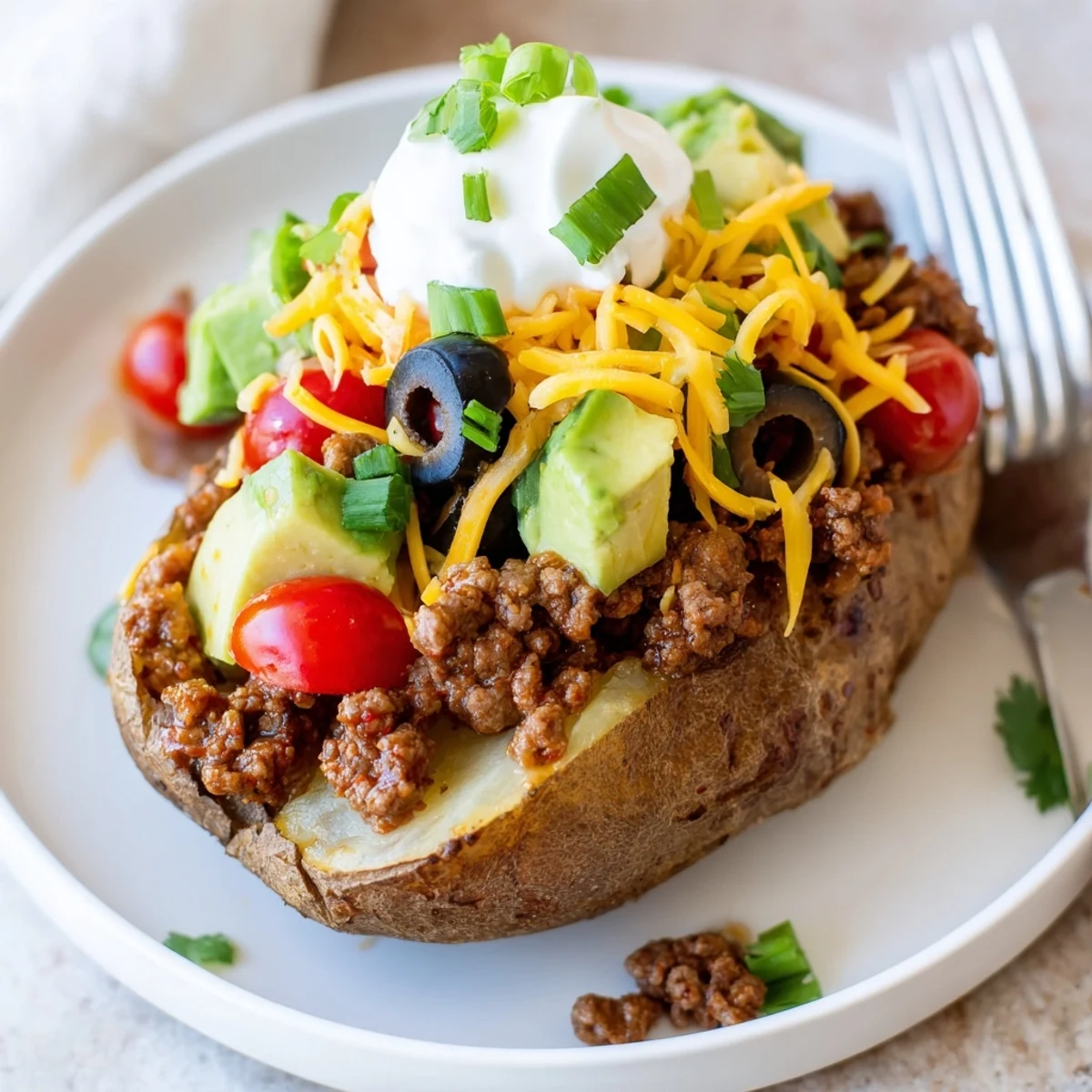 Taco Loaded Baked Potatoes topped with melty cheddar, avocado, and salsa.