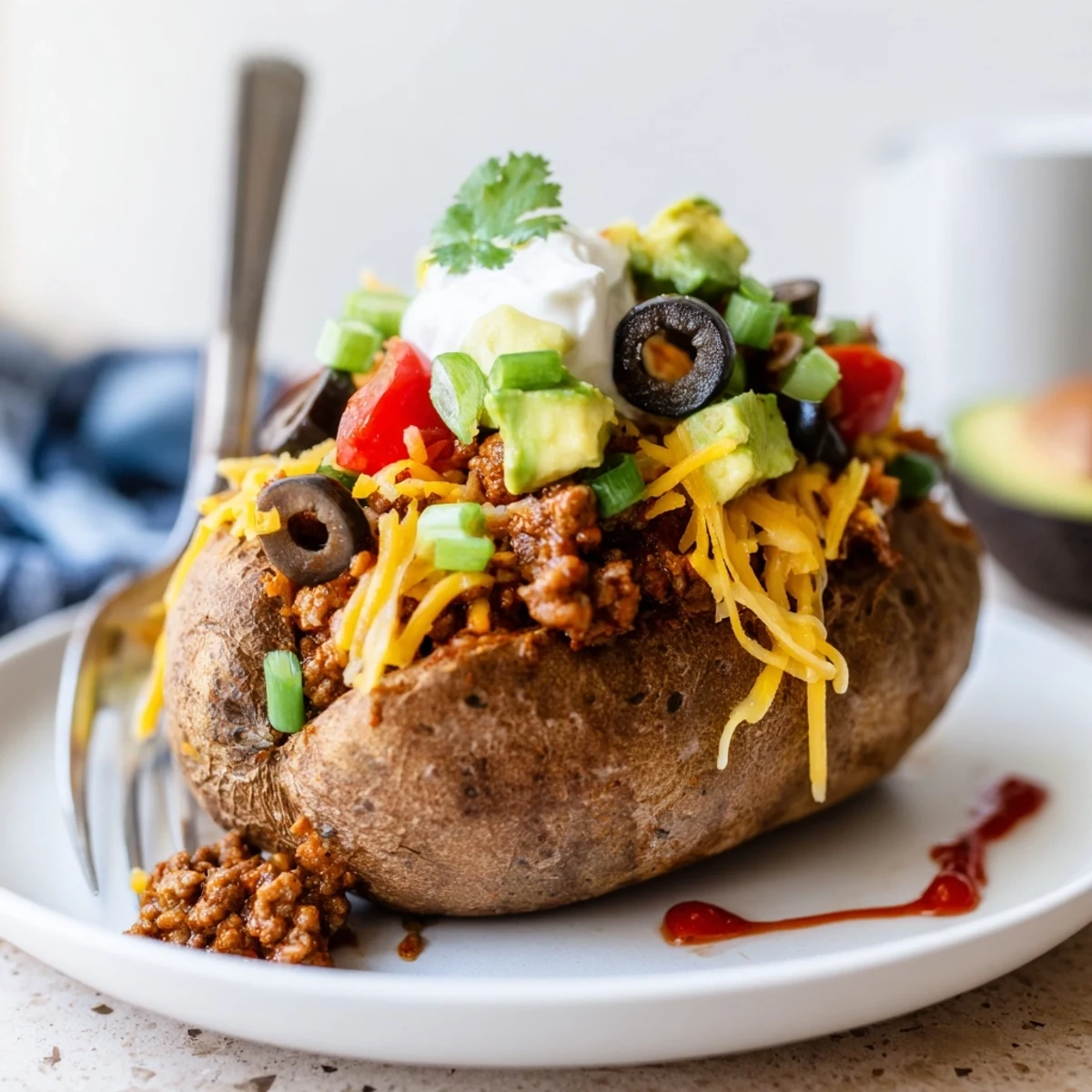 Warm Taco Loaded Baked Potatoes split open, fluffy interior, zesty seasoned beef.